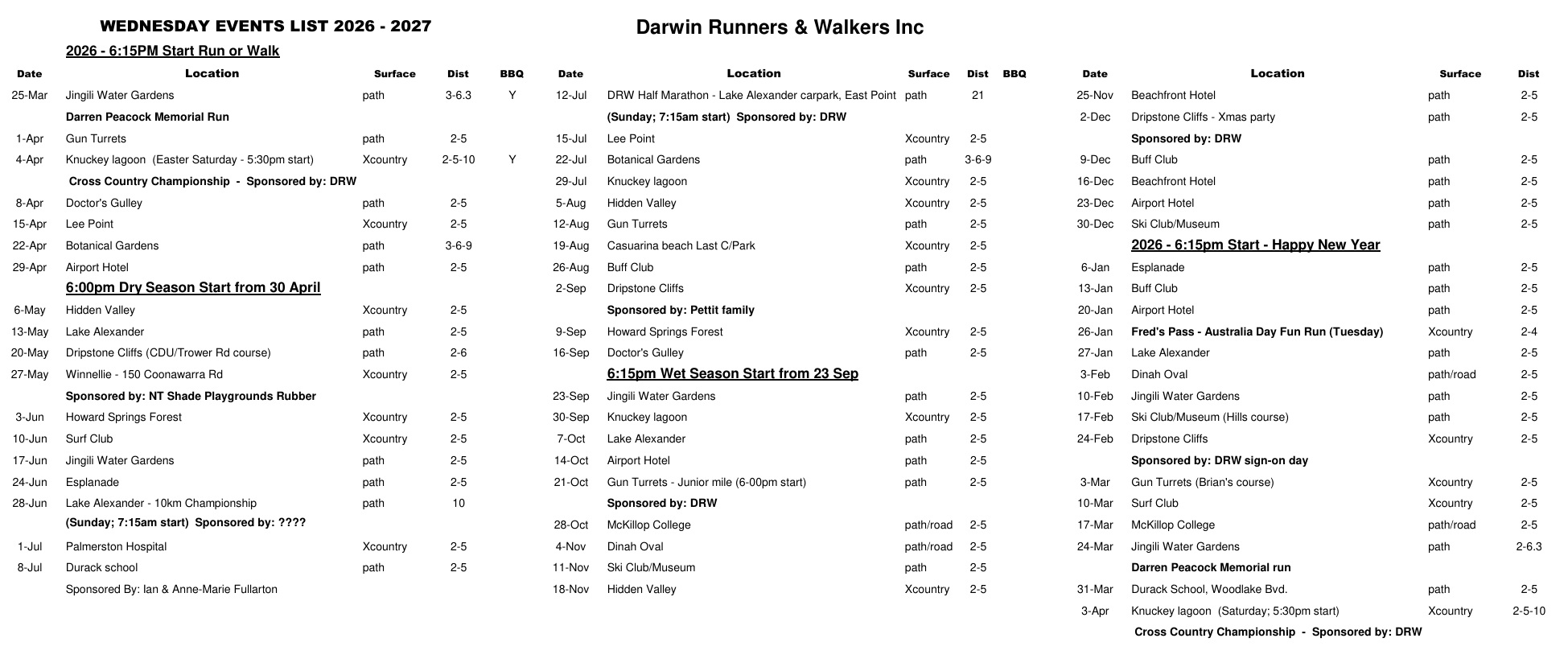 darwin runners calendar